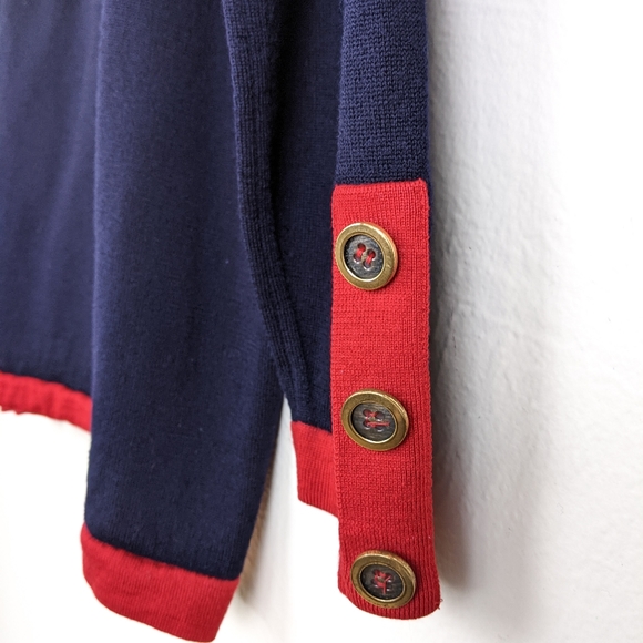 Vintage Jaeger Navy Blue W/ Red Trim Wool Sweater - Picture 5 of 11